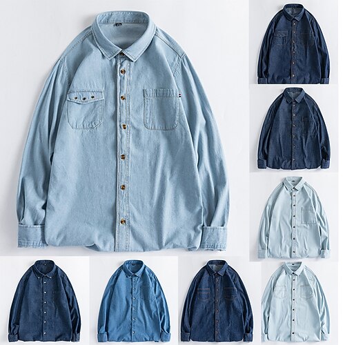

Men's Denim Shirt Solid Colored Turndown A B C D E Street Daily Long Sleeve Button-Down Clothing Apparel Fashion Casual Comfortable