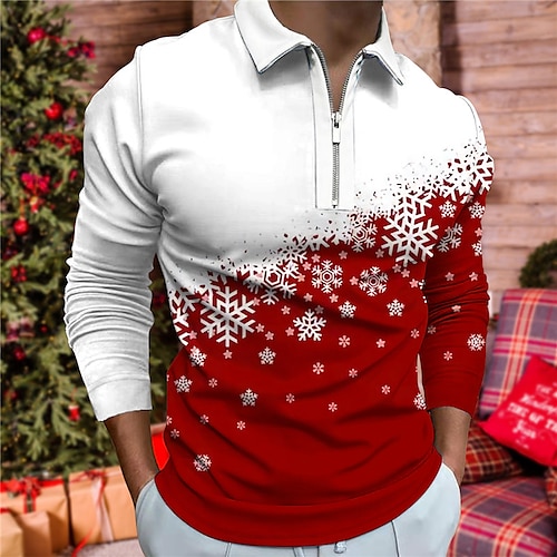 

Men's Polo Shirt Golf Shirt Graphic Prints Snowflake Turndown Yellow Wine Blue Dusty Blue Green 3D Print Christmas Street Long Sleeve Print Zipper Clothing Apparel Fashion Designer Casual Soft