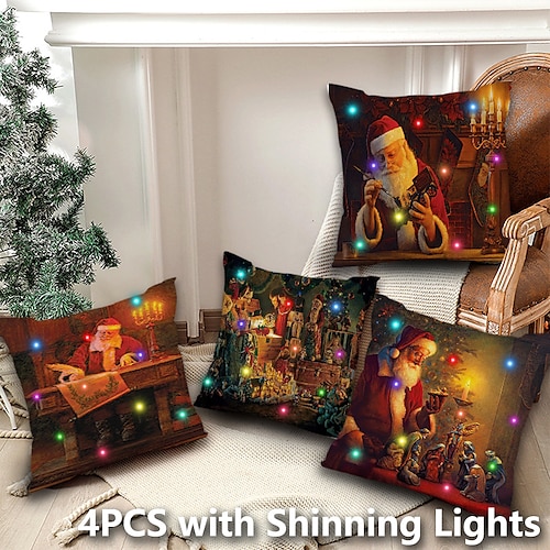 

4pcs Christmas LED Lights Pillow Cover Santa Claus Pillowcase Shinning Gift for Bedroom Livingroom Sofa Couch Chair Superior Quality