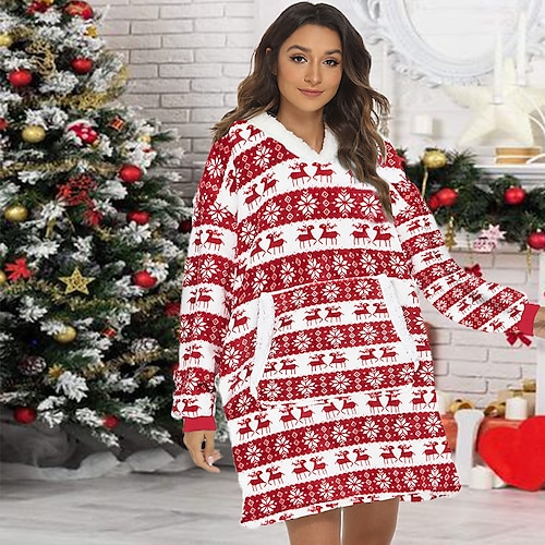 

Women's Couple's Christmas Pjs Pajamas Winter Nightgown Wearable Blanket Winter Hoodie Blanket Elk Snowflake Comfort Oversized Plush Home Fleece Warm Hoodie Long Sleeve Winter Fall Black Blue