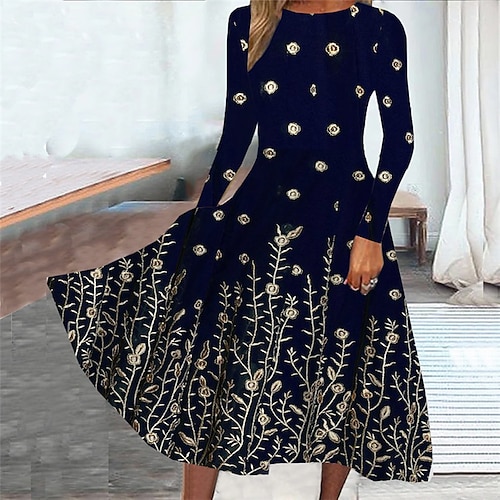 

Robe mi-longue Femme Robe casual manche longue Hiver Automne Printemps - Mode Poche Imprimer Floral Col Ras du Cou du quotidien Fin de semaine 2023 Noir S M L XL XXL 3XL