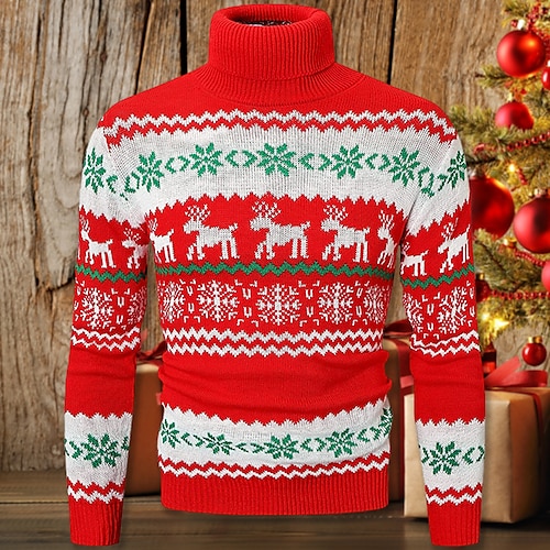 

Men's Ugly Christmas Sweater Pullover Sweater Jumper Ribbed Knit Cropped Knitted Animal Patterned Turtleneck Keep Warm Modern Contemporary Christmas Daily Wear Clothing Apparel Spring & Fall Black