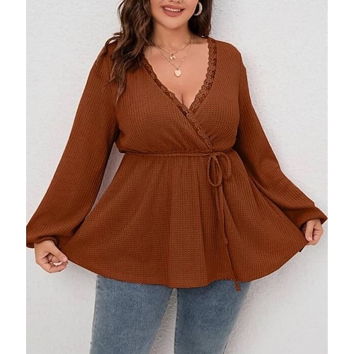 

Women's Plus Size Tops Blouse Plain Drawstring Long Sleeve V Neck Fashion Modern Daily Vacation Polyester Winter Fall Coffee