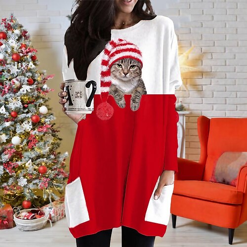 

Women's Christmas Casual Dress T Shirt Dress Tee Dress Mini Dress Gray White Long Sleeve Plaid Cat Letter Pocket Print Winter Fall Crew Neck Vacation Casual Fall Dress Loose Fit 2022 S M L XL XXL 3XL