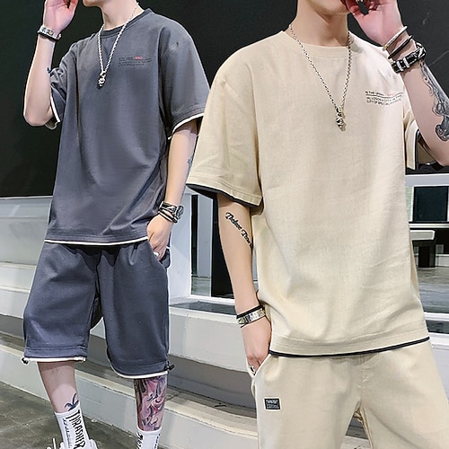 

Men's T-shirt Suits Tracksuit Tennis Shirt Shorts and T Shirt Set Graphic Letter Crew Neck Khaki Dark Gray Outdoor Street Short Sleeve 2 Piece Clothing Apparel Cotton Sports Designer Sportswear Casual