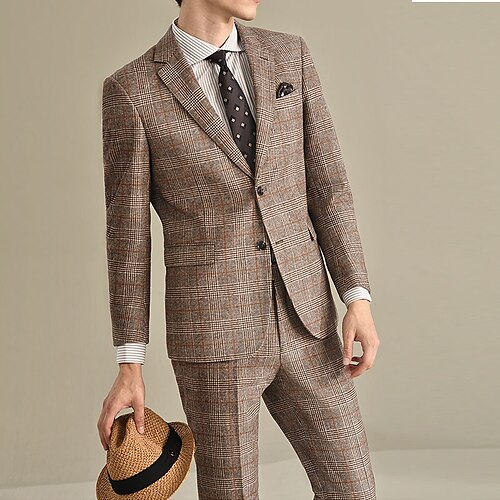 

Khaki Check 50% Wool Men's Suits 2 Piece