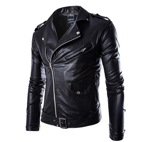 

Men's Faux Leather Jacket Biker Jacket Motorcycle Jacket Thermal Warm Rain Waterproof Jacket Outerwear Solid Color Black White