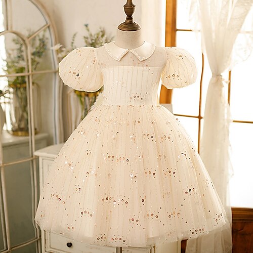 

Kids Girls' Dress Sequin A Line Dress Asymmetrical Dress Party Mesh Cotton Short Sleeve Cute Dress 3-12 Years Spring Beige