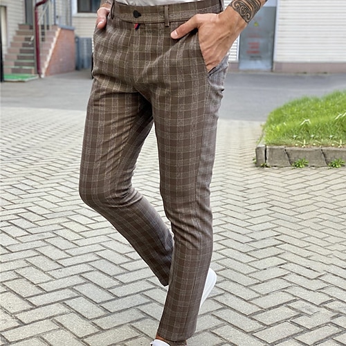 

Men's Joggers Trousers Casual Pants Plaid Dress Pants Chino Pants Pocket Plaid Checkered Lattice Casual Daily Streetwear Fashion Classic Coffee
