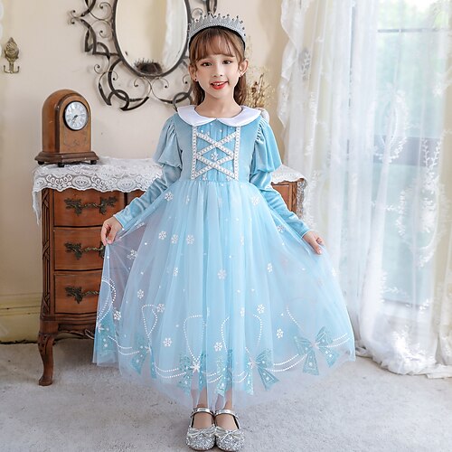 

Frozen Elsa Toddler Girls' Dress Graphic A Line Dress Dress Performance Crew Neck Long Sleeve Active Dress 7-13 Years Winter Blue