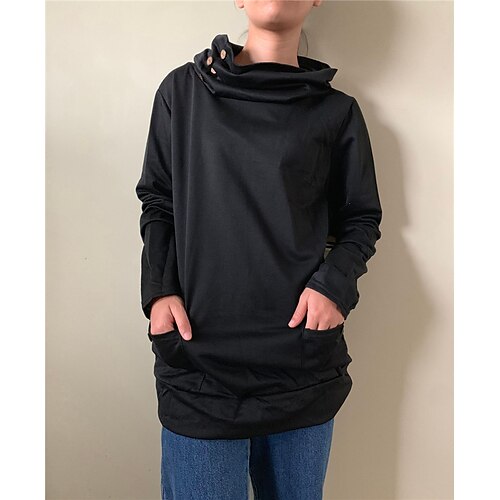 

Women's T shirt Tee Black Blue Pink Plain Pocket Long Sleeve Daily Weekend Basic Pile Neck Regular S