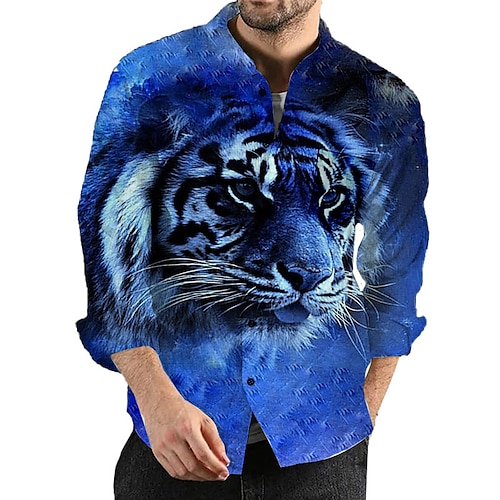 

Men's Shirt Animal Tiger Graphic Prints Turndown Blue Yellow Rainbow Light Blue 3D Print Outdoor Street Long Sleeve Button-Down Print Clothing Apparel Fashion Designer Casual Breathable