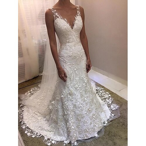 

Mermaid / Trumpet Wedding Dresses V Neck Court Train Lace Tulle Sleeveless Romantic Sexy with Appliques 2022