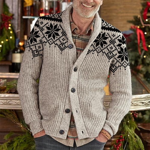 

Men's Ugly Christmas Sweater Cardigan Sweater Ribbed Knit Cropped Knitted Snowflake Turndown Warm Ups Modern Contemporary Christmas Daily Wear Clothing Apparel Spring & Fall Dark Gray Red S M L