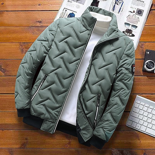 

Men's Puffer Jacket Bomber Jacket Quilted Jacket Full Zip Casual Daily Wear Regular Casual Daily Trendy Windproof Warm Fall Winter Stripes and Plaid Black Light Green Gray Puffer Jacket
