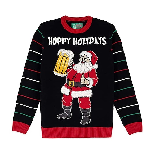 

Men's Sweater Ugly Christmas Sweater Pullover Sweater Jumper Ribbed Knit Cropped Knitted Christmas Pattern Crew Neck Keep Warm Modern Contemporary Christmas Work Clothing Apparel Fall & Winter Black