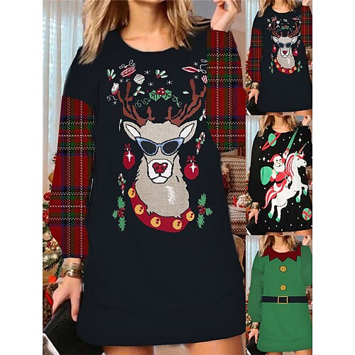 

Women's Christmas Ugly Sweatshirt Dress Shift Dress Mini Dress Green Black Red Long Sleeve Santa Claus Print Winter Fall Autumn Fashion Daily 2022 S M L XL XXL 3XL