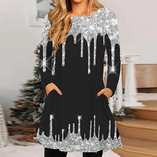 

Women's Casual Dress T Shirt Dress Tee Dress Shift Dress Mini Dress Silver Black Gold Long Sleeve Letter Pocket Winter Fall Spring Crew Neck Fashion Daily 2022 S M L XL XXL 3XL
