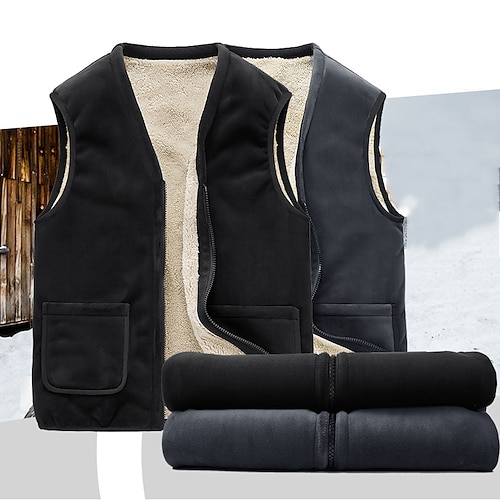 

Men's Vest Fleece Vest Warm Daily Wear Vacation Zipper V Neck Casual Traditional / Classic Jacket Outerwear Solid Color Zipper Pocket Ash Black