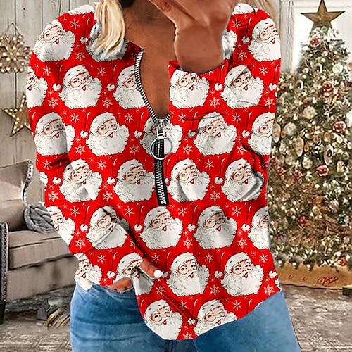 

Women's Plus Size Christmas Tops Pullover Sweatshirt Santa Claus Zipper Print Long Sleeve Round Neck Casual Daily Polyester Winter Fall Red