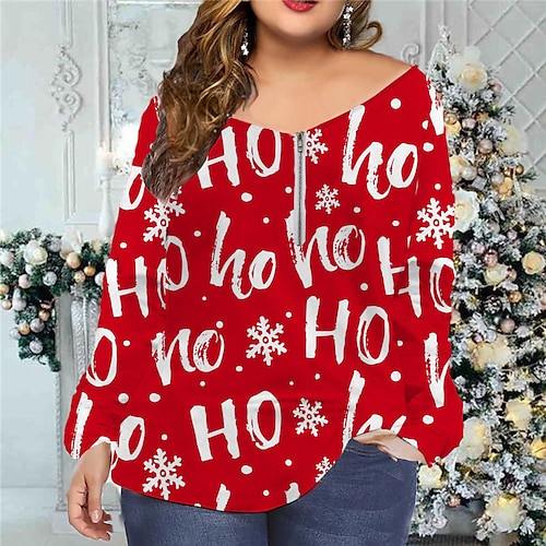 

Women's Plus Size Christmas Tops T shirt Tee Letter Snowman Zipper Print Long Sleeve V Neck Casual Festival Daily Cotton Spandex Jersey Winter Fall Blue Red