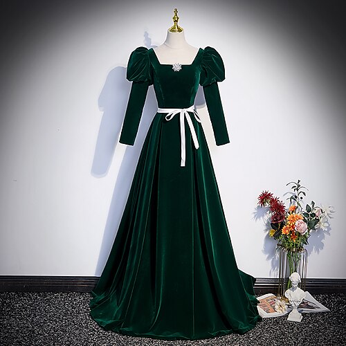 

A-Line Evening Gown Maxi Dress Formal Floor Length Long Sleeve Square Neck Velvet with Pleats Crystals Strappy 2022