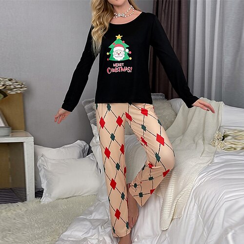 

Women's Christmas Pajamas Sets Pjs Letter Santa Claus Simple Casual Comfort Home Christmas Daily 0Breathable Crew Neck Long Sleeve T shirt Tee Pant Winter Fall Black