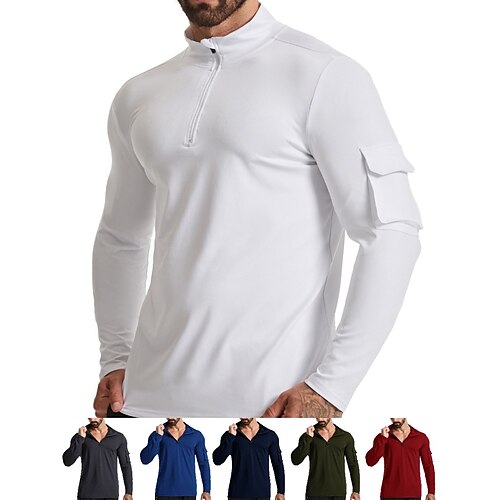 

Men's Workout Shirt Running Shirt Pocket Half Zip Long Sleeve Top Athletic Athleisure Winter High Neck Breathable Quick Dry Soft Running Jogging Training Sportswear Activewear Solid Colored Dark Grey