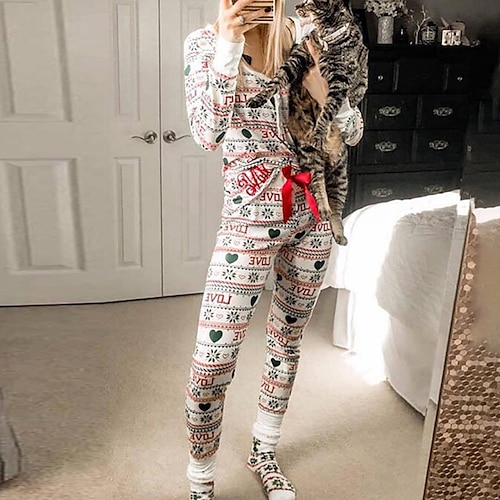 

Women's Christmas Pajamas Sets Heart Letter Simple Casual Comfort Home Christmas Daily 0Breathable V Wire Long Sleeve T shirt Tee Pant Winter Fall White