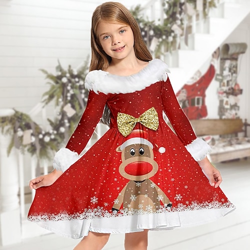 

Kids Girls' Christmas Dress Elk Casual Dress Above Knee Dress Christmas Gifts Fur Trim Crew Neck Long Sleeve Adorable Dress 2-13 Years Winter Wine