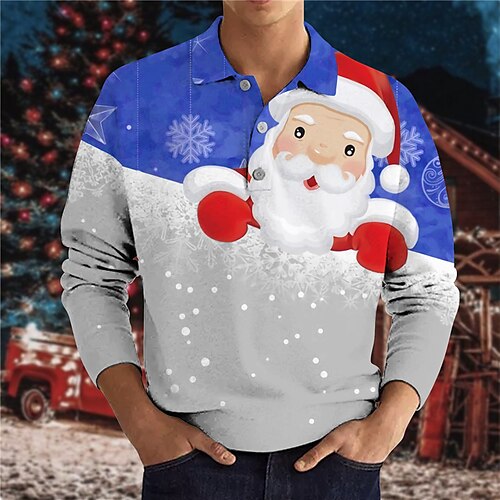 

Men's Collar Polo Shirt Golf Shirt Santa Claus Graphic Prints Snowflake Turndown Blue Light Blue 3D Print Christmas Street Long Sleeve Button-Down Print Clothing Apparel Fashion Designer Casual Soft