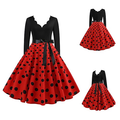 

Women's Swing Dress PolkaDotDress Vintage Dress Black Fuchsia Dark Blue Long Sleeve Polka Dot Bow Winter Fall Autumn V Neck Winter Dress Fall Dress 2022 S M L XL 2XL 3XL