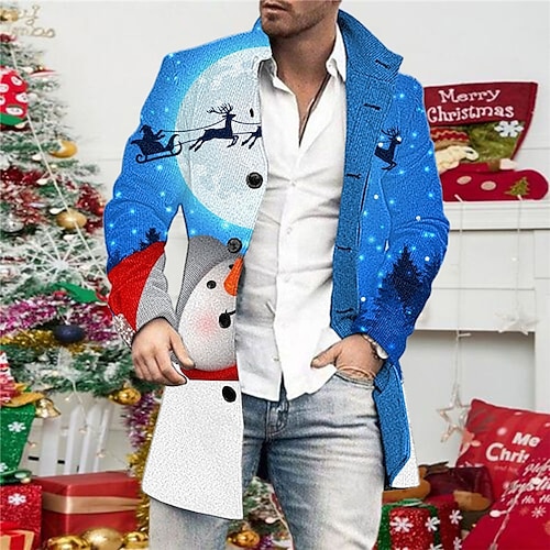 

Men's Coat Warm Christmas Single Breasted Snowman 3D Printed Graphic Turndown Fashion Jacket Outerwear Long Sleeve Pocket Fall & Winter