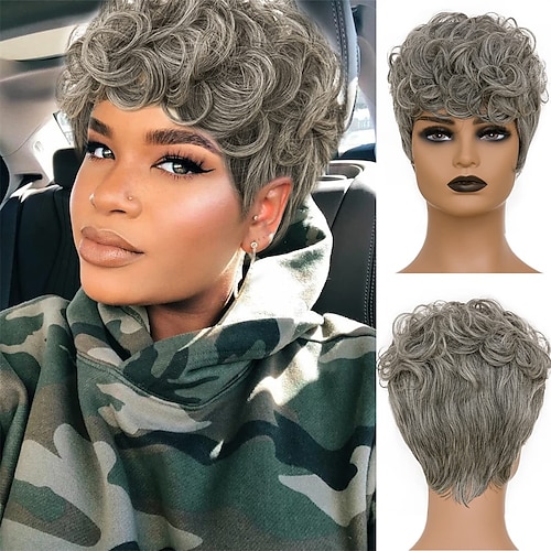 

Short Grey Curly Wigs for black Women Soft Synthetic Layered Grey Pixie Cut Wigs for Daily Party Use Mommy Pixie Hair Wig Old Lady Silver Grey Wavy Wig