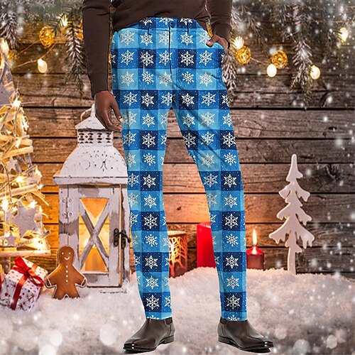 

Men's Christmas Pants Chinos Trousers Jogger Pants Pocket Print Plaid Checkered Christmas Comfort Breathable Full Length Party Christmas Casual Streetwear Stylish Blue Micro-elastic