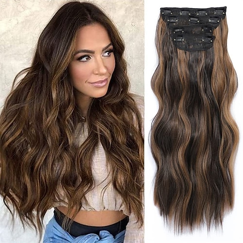 

Clip In Hair Extensions 4PCS 20Inch Long Wavy Hair Extensions For Women Yuliana Highlights Synthetic Fiber Thick Hairpieces Double Weft Full Head Clip On Hair Extensions