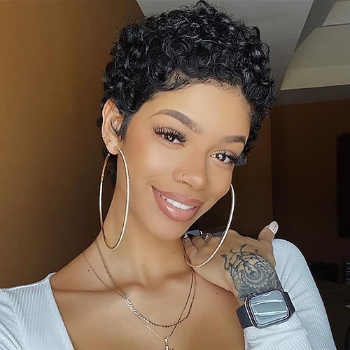 

Remy Human Hair Wig Short Afro Curly Pixie Cut Natural Designers Natural Hairline Capless Mongolian Hair Women's Natural Black #1B Burgundy#530 Strawberry Blonde#27 4 inch Christmas Gifts Daily Wear