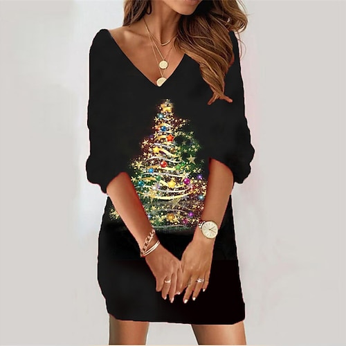 

Women's Christmas Sweatshirt Dress Shift Dress Mini Dress Black 3/4 Length Sleeve Tree Print Winter Fall V Neck Vacation Casual Outdoor Vacation 2022 S M L XL XXL 3XL