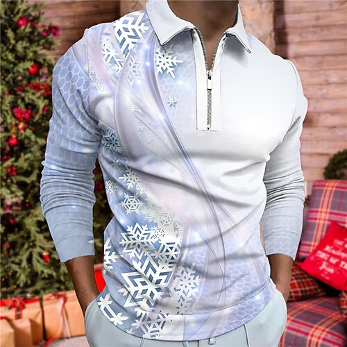 

Men's Polo Shirt Golf Shirt Graphic Prints Snowflake Turndown Blue Gold 3D Print Christmas Street Long Sleeve Zipper Print Clothing Apparel Fashion Designer Casual Soft