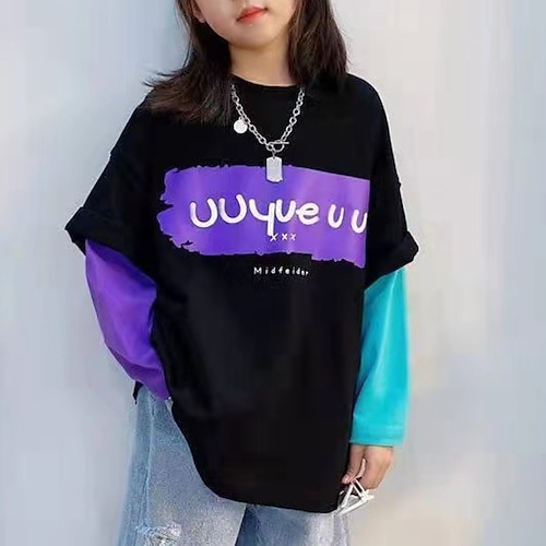 

Kids Girls' T shirt Color Block Casual Long Sleeve Active 7-13 Years Winter Black Purple White