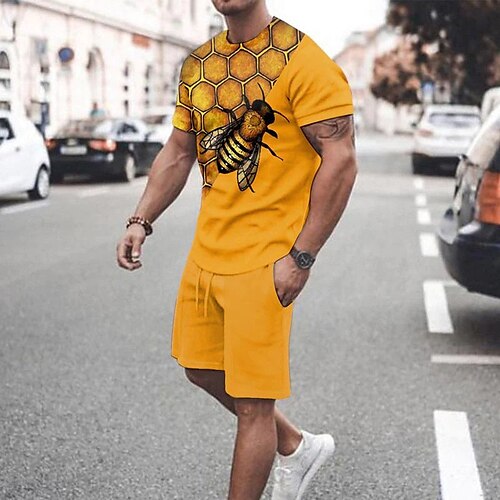 

Men's Shorts and T Shirt Set T-Shirt Outfits Graphic Prints Crew Neck Yellow 3D Print Outdoor Street Short Sleeve 3D Print Clothing Apparel 2pcs Basic Classic Comfortable Big and Tall