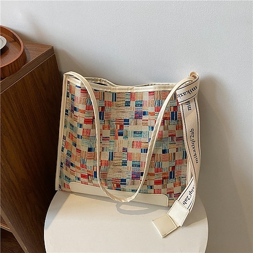 

Women's Canvas Bag Baguette Bag Crossbody Bag Shoulder Bag Canvas Zipper Print Cartoon Shopping Going out Blue Rainbow White