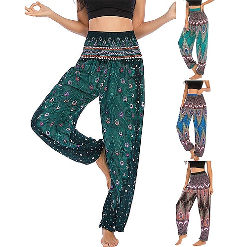 

damebukser sidelommer elastisk linning paisley høj talje yoga fitness fitness træningsunderdele påfuglefjer lys lilla sort grøn sport aktivt tøj fritid