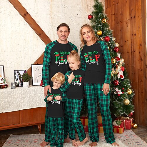 

Christmas Pajamas Family Plaid Letter Home Green Long Sleeve Basic Matching Outfits