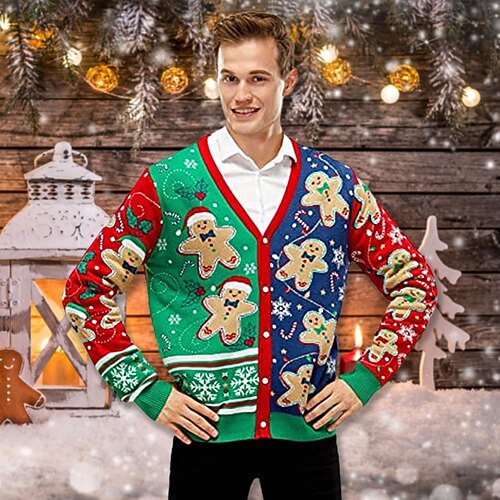 

Men's Ugly Christmas Sweater Pullover Sweater Jumper Ribbed Knit Cropped Knitted Cartoon V Neck Keep Warm Modern Contemporary Christmas Daily Wear Clothing Apparel Spring & Fall Green S M L
