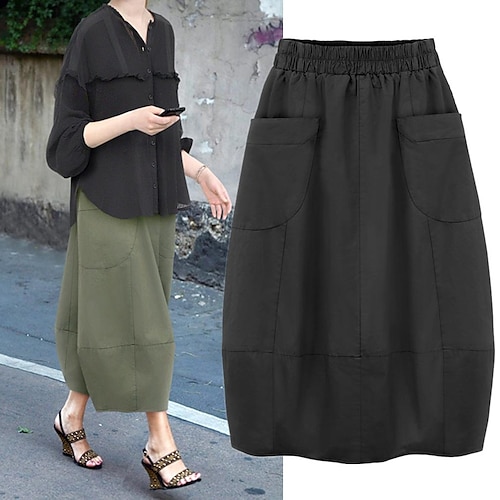 

Women's Loose Midi Cotton Blend ArmyGreen Black khaki Skirts Spring & Fall Pocket Elegant Going out Casual Daily L XL 2XL