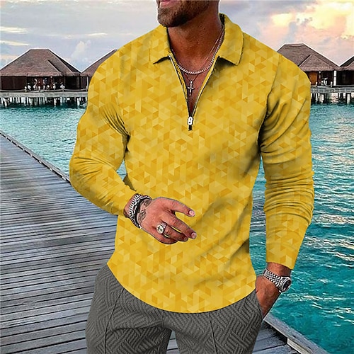 

Men's Collar Polo Shirt Golf Shirt Graphic Prints Turndown Yellow 3D Print Outdoor Street Long Sleeve Zipper Print Clothing Apparel Fashion Designer Casual Soft