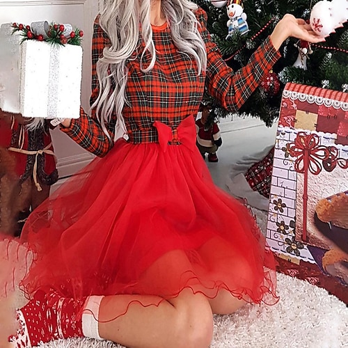 

Women's Christmas Casual Dress Swing Dress Mini Dress Red Long Sleeve Plaid Mesh Winter Fall Autumn Crew Neck Modern Christmas Daily 2022 S M L XL