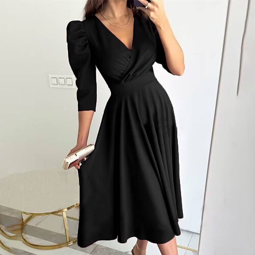 

Women's Swing Dress Midi Dress Green Black Wine 3/4 Length Sleeve Pure Color Ruched Winter Fall Autumn V Neck Vacation Vacation Weekend 2022 S M L XL XXL