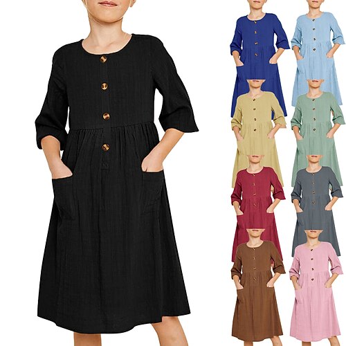 

Kids Girls' Dress Solid Color A Line Dress Knee-length Dress Outdoor 3/4 Length Sleeve Daily Dress 7-13 Years Fall Green Black Blue